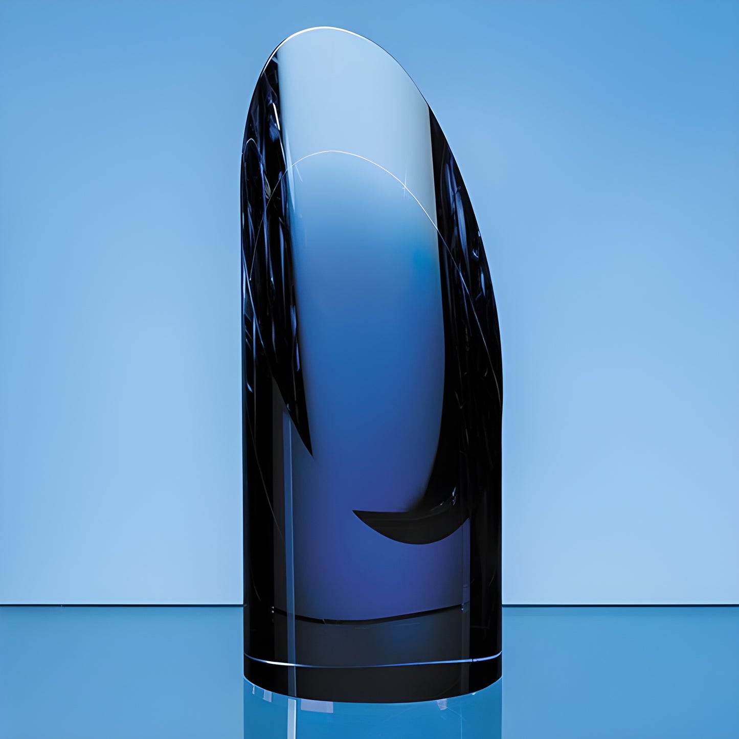 Sapphire blue optical crystal cylinder award on reflective surface