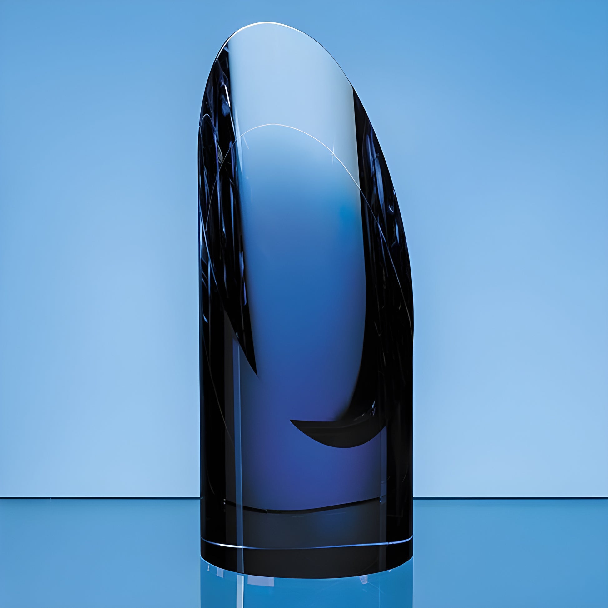 Sapphire blue optical crystal cylinder award on reflective surface