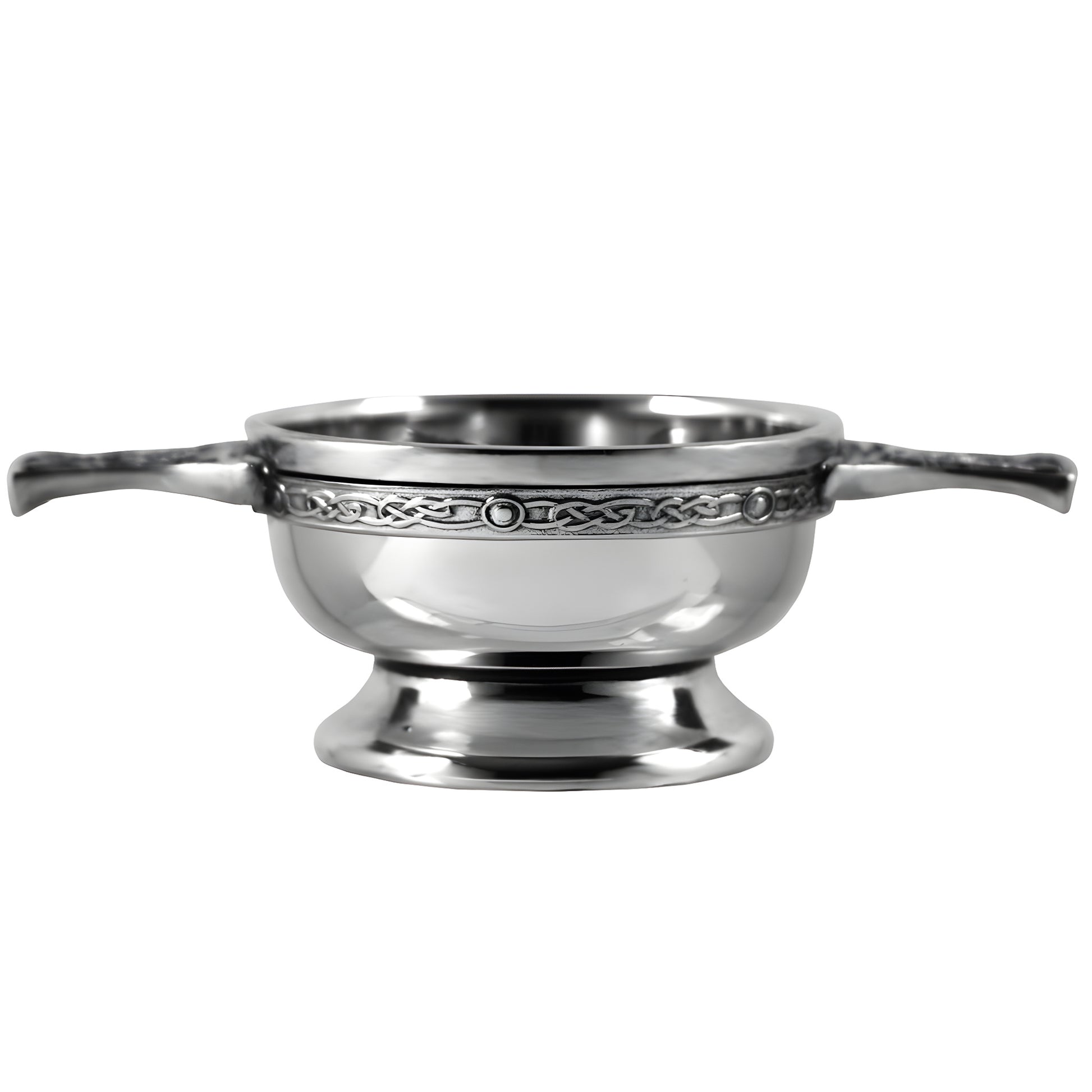 Pewter quaich bowl with Celtic knot handle, traditional Scottish drinking cup.