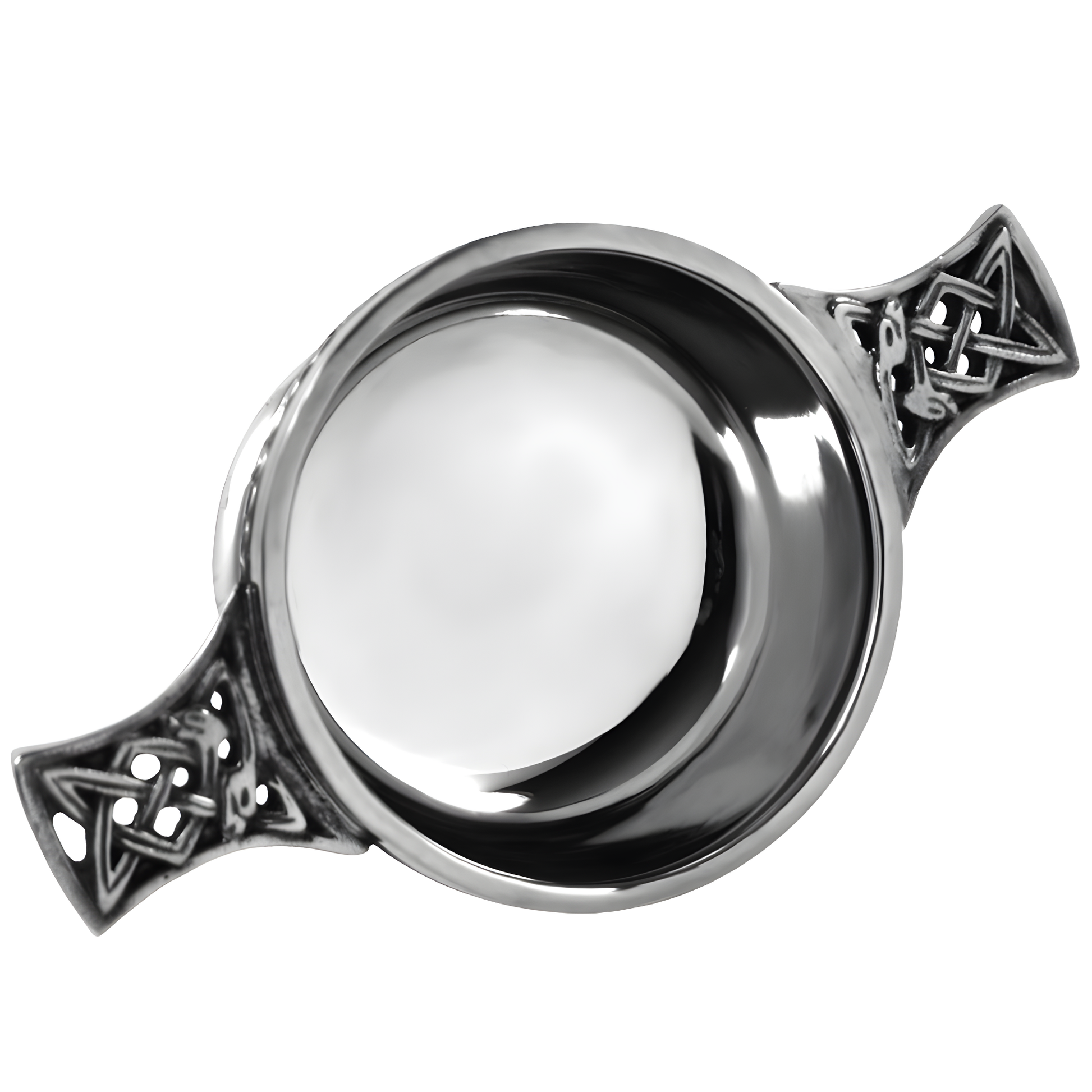 Pewter quaich bowl with Celtic knot handles, traditional Scottish design.