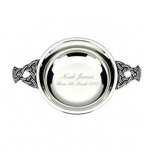 Example engraving (christening): "Noah James / Born 9th March 2027" inside the 2.5" Nickel Plated Quaich Bowl