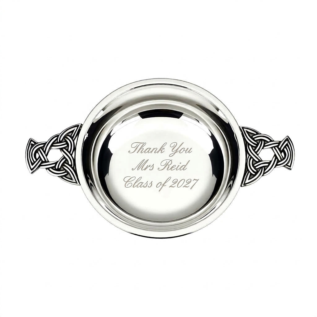 Example engraving (thank you): "Thank You / Mrs Reid / Class of 2027" inside the 2.5" Nickel Plated Quaich Bowl