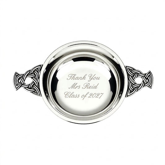 Example engraving (thank you): "Thank You / Mrs Reid / Class of 2027" inside the 2.5" Nickel Plated Quaich Bowl