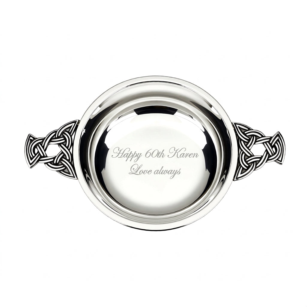 Example engraving (birthday): "Happy 60th Karen / Love always" inside the 2.5" Nickel Plated Quaich Bowl