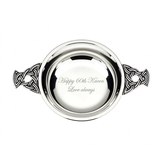 Example engraving (birthday): "Happy 60th Karen / Love always" inside the 2.5" Nickel Plated Quaich Bowl