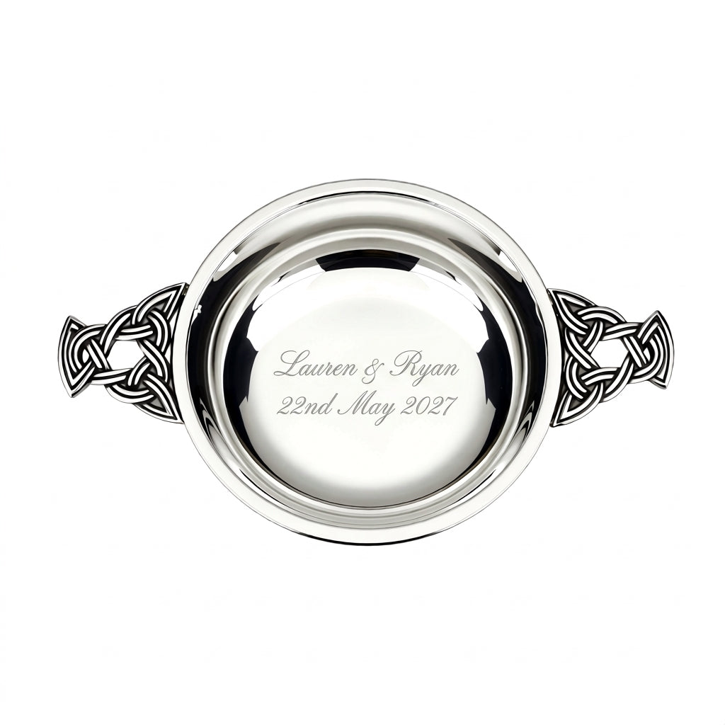 Example engraving (wedding): "Lauren & Ryan / 22nd May 2027" inside the 2.5" Nickel Plated Quaich Bowl