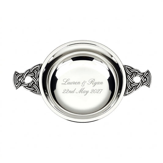 Example engraving (wedding): "Lauren & Ryan / 22nd May 2027" inside the 2.5" Nickel Plated Quaich Bowl