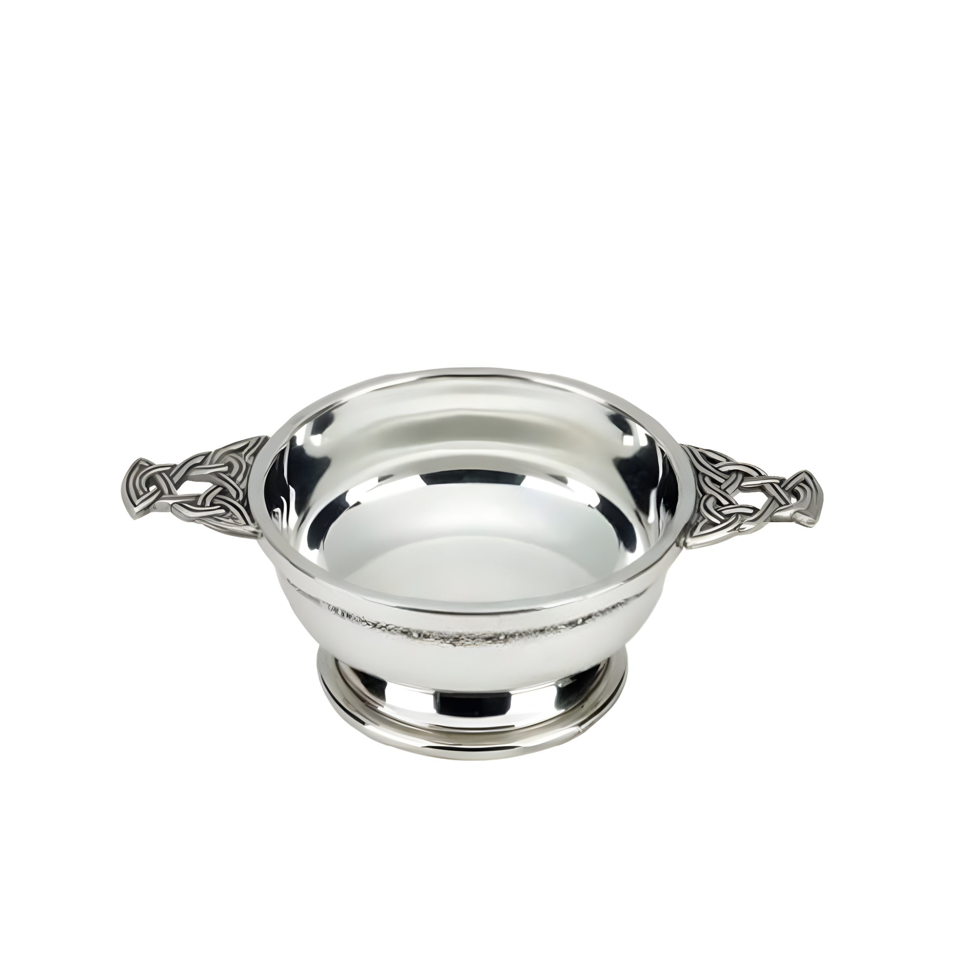 2.5 inch nickel plated quaich with Celtic design and double handles.