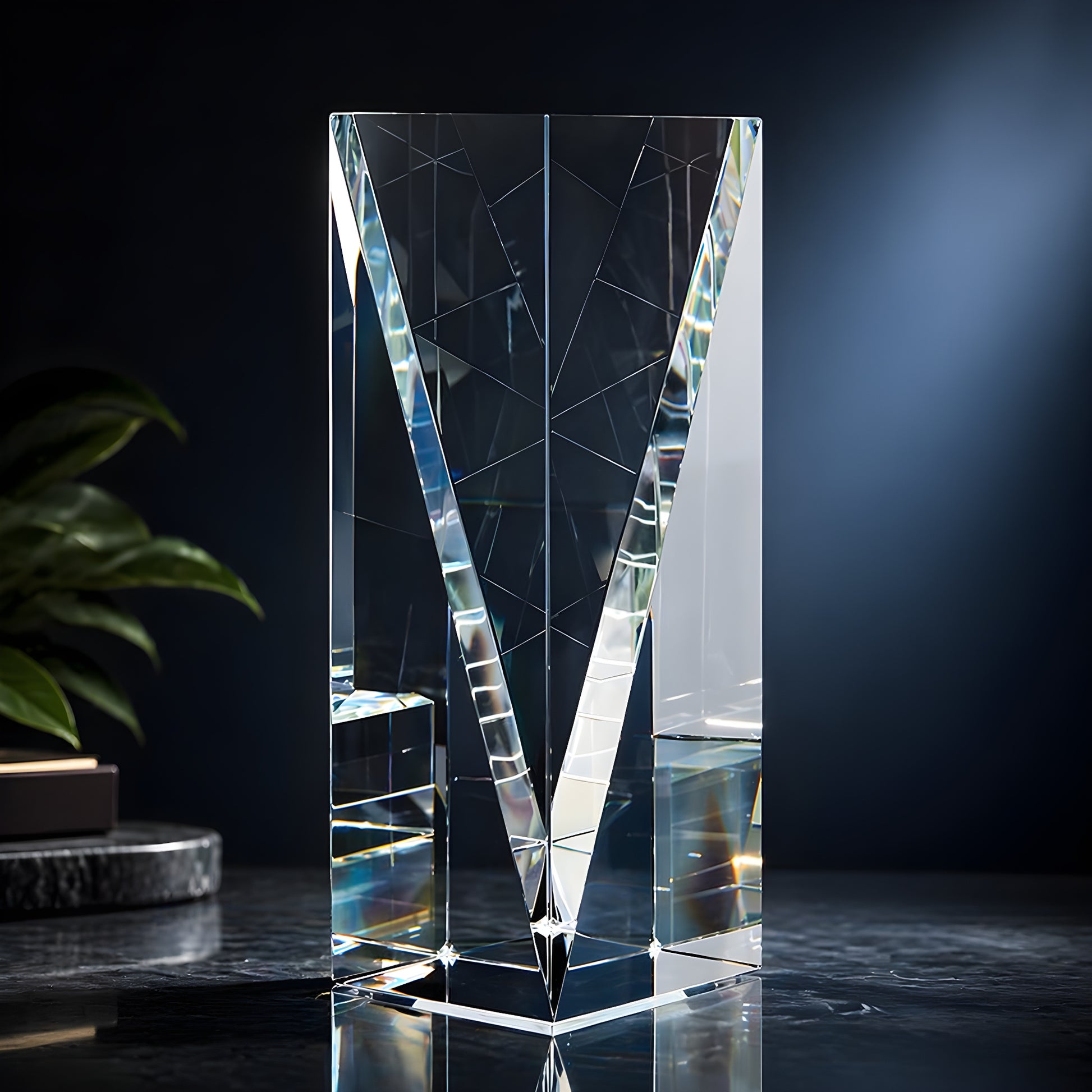 Clear optical crystal award with facet design on a dark background