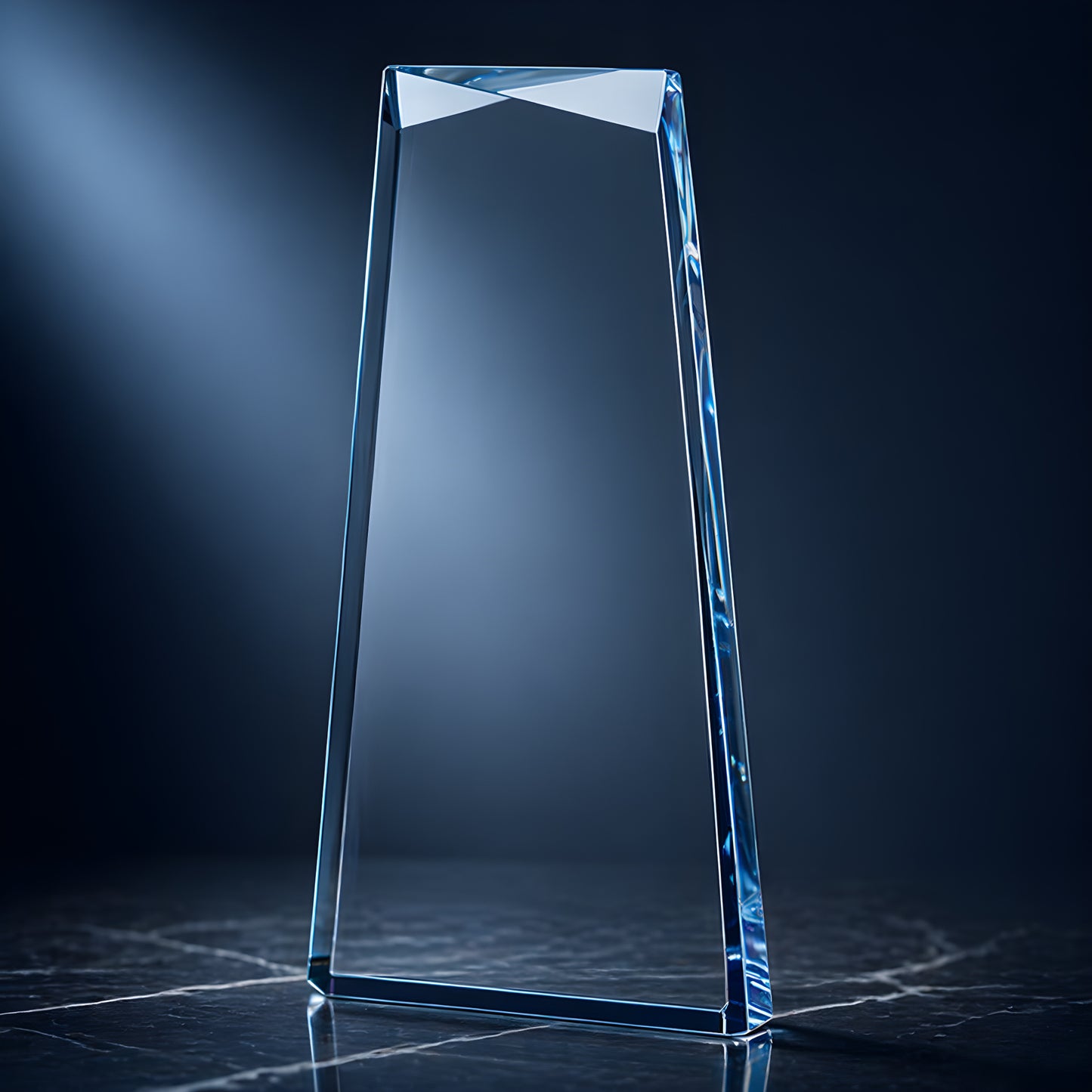 Optical crystal tapered rectangle award with cobalt blue base on dark surface