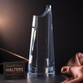 28cm optical crystal summit award with engraved plaque in elegant setting.
