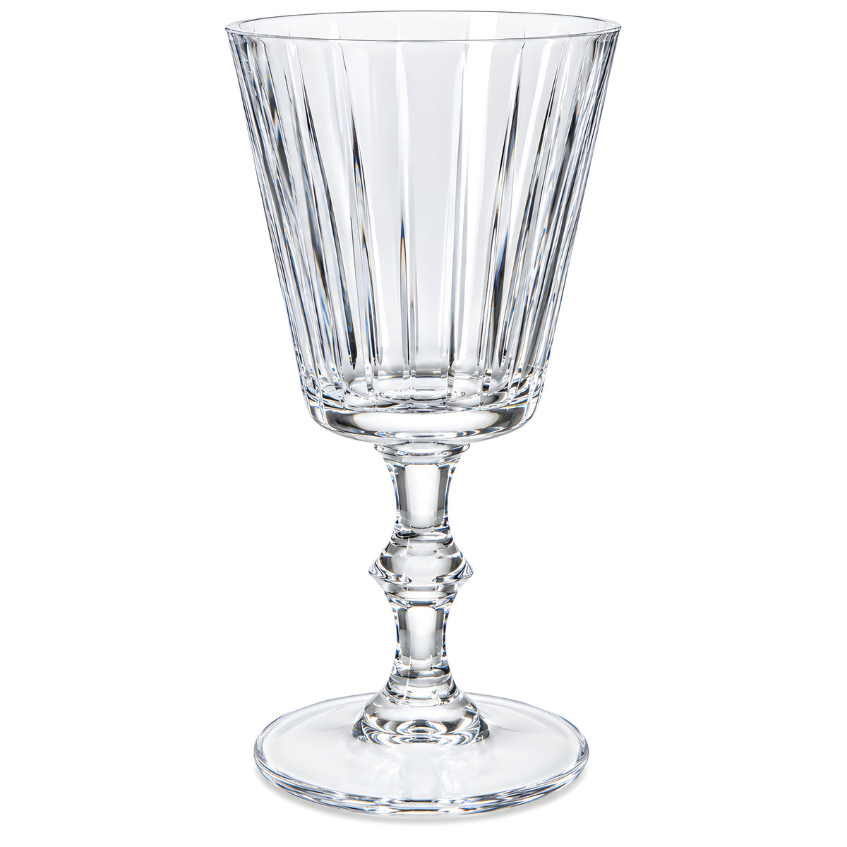 Crystal wine glass with a cut design and elegant stem.