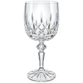 Clear crystal wine glass with diamond pattern design and elegant stem.