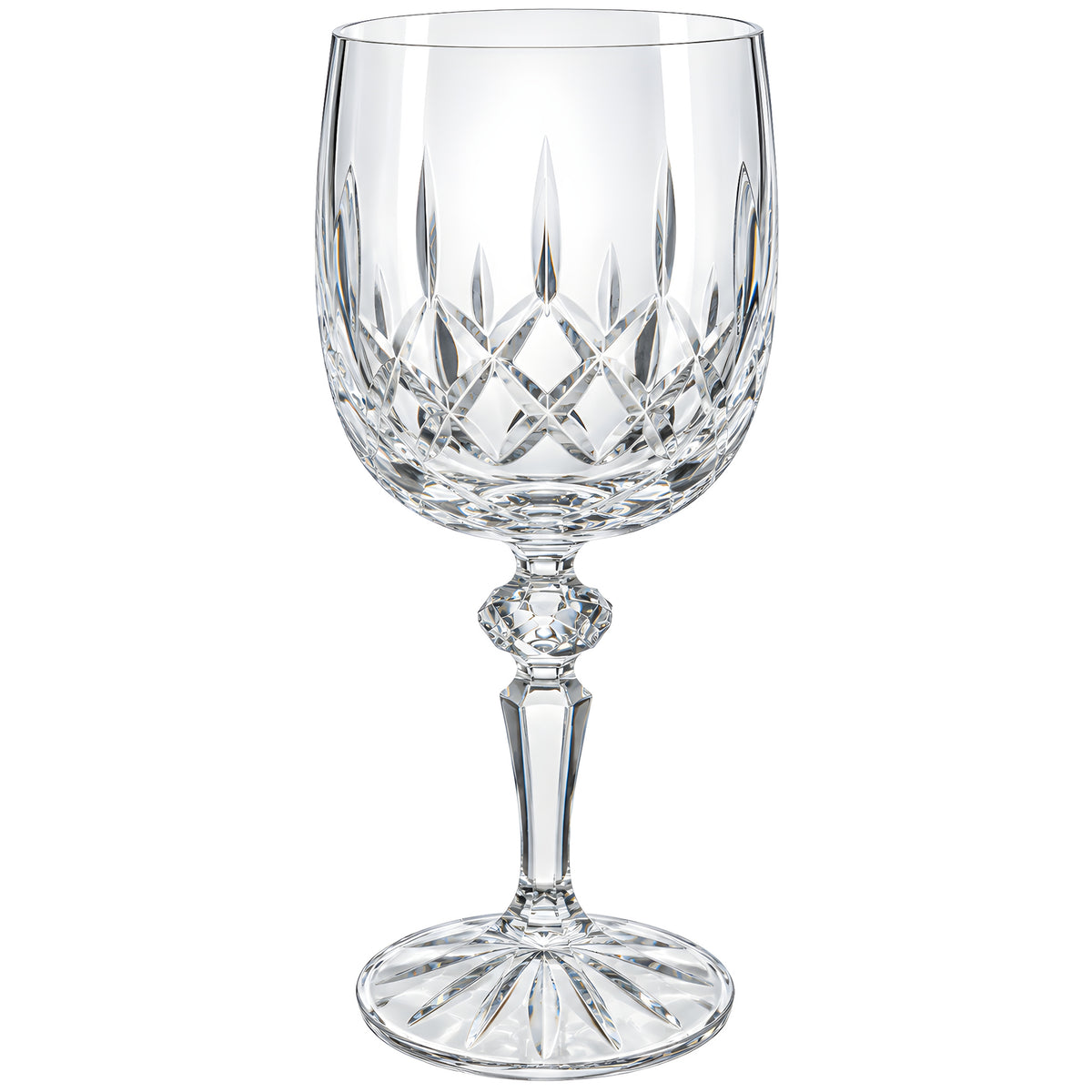 Clear crystal wine glass with diamond pattern design and elegant stem.
