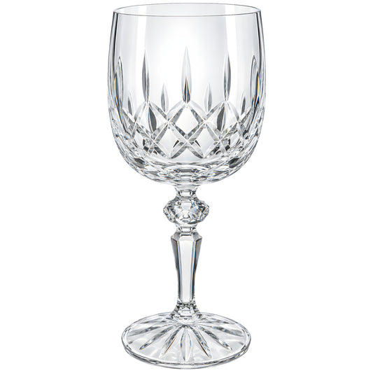 Clear crystal wine glass with diamond pattern design and elegant stem.