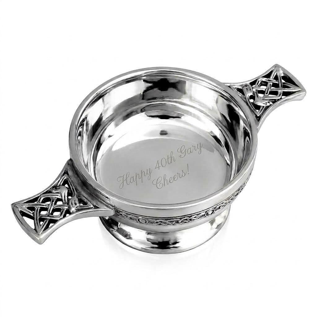 Example engraving (birthday): "Happy 40th Gary / Cheers!" inside the 3.5" Pewter Quaich Bowl