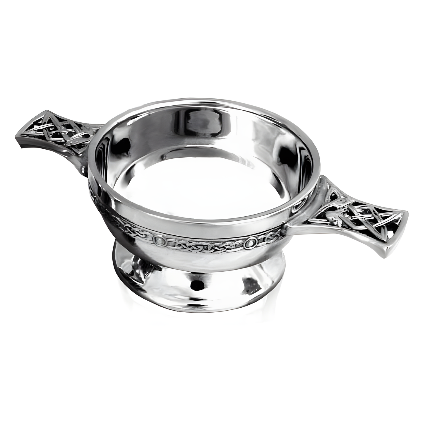Pewter quaich bowl with Celtic design handles used in Scottish ceremonies.