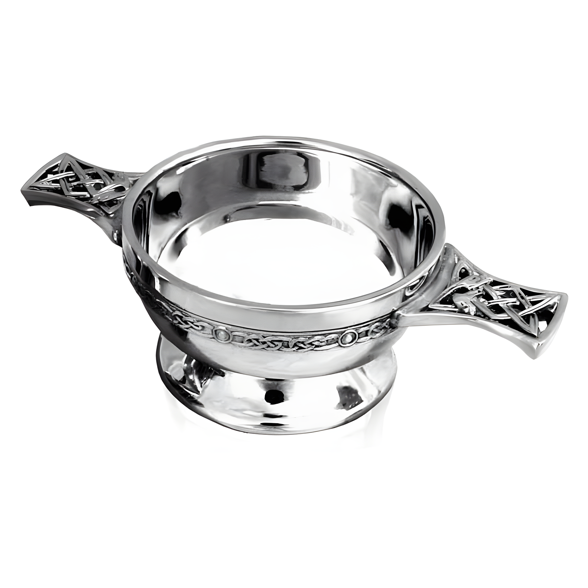 Pewter quaich bowl with Celtic design handles used in Scottish ceremonies.