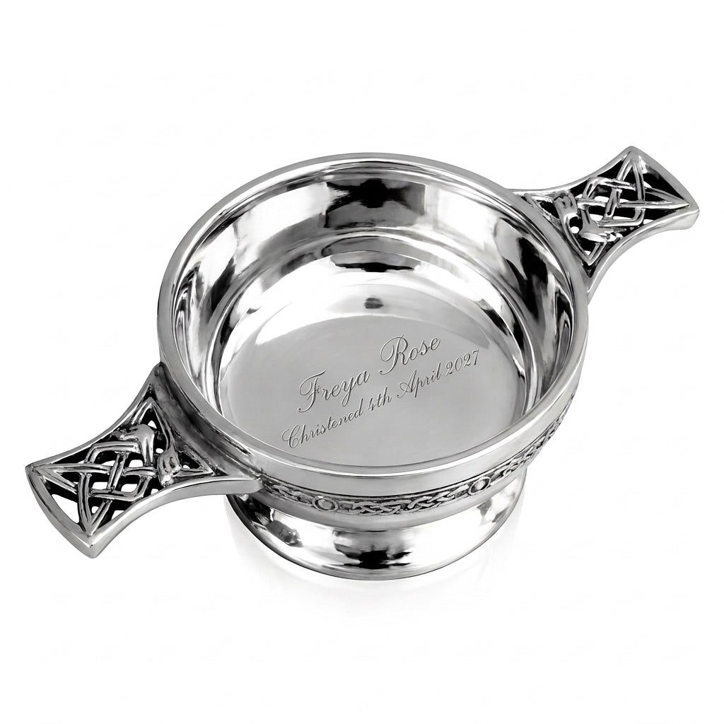 Example engraving (christening): "Freya Rose / Christened 4th April 2027" inside the 3.5" Pewter Quaich Bowl