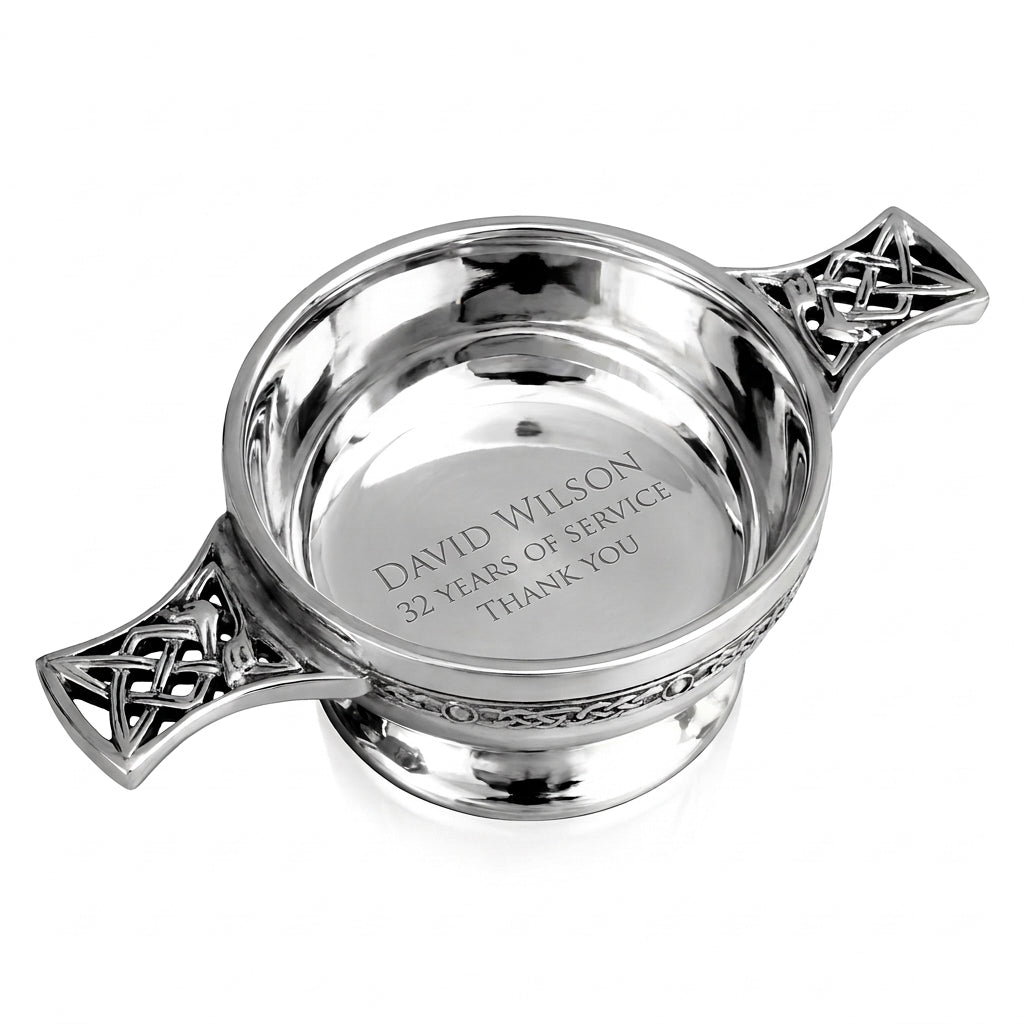 Example engraving (thank you): "David Wilson / 32 Years of Service / Thank You" inside the 3.5" Pewter Quaich Bowl