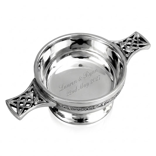Example engraving (wedding): "Lauren & Ryan / 22nd May 2027" inside the 3.5" Pewter Quaich Bowl