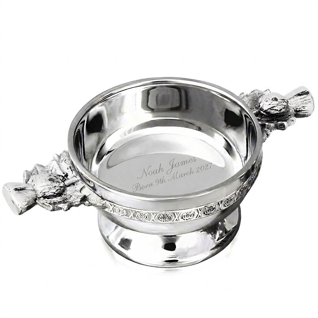 Example engraving (christening): "Noah James / Born 9th March 2027" inside the 3.5" Scottish Thistle Quaich Bowl
