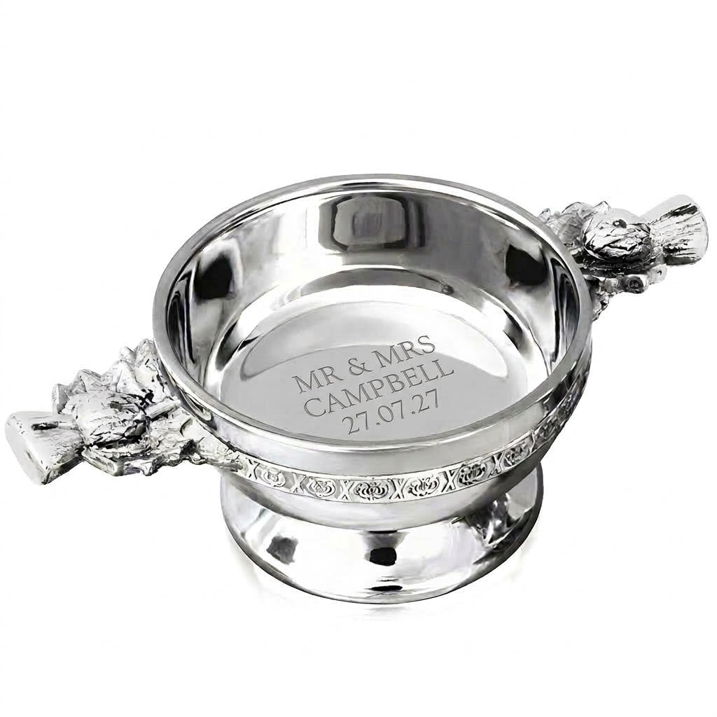 Example engraving (wedding): "MR & MRS CAMPBELL / 27.07.27" inside the 3.5" Scottish Thistle Quaich Bowl