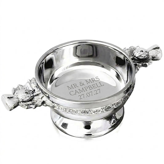 Example engraving (wedding): "MR & MRS CAMPBELL / 27.07.27" inside the 3.5" Scottish Thistle Quaich Bowl