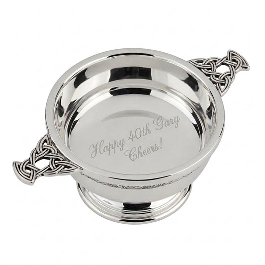 Example engraving (birthday): "Happy 40th Gary / Cheers!" inside the 3" Nickel Plated Quaich
