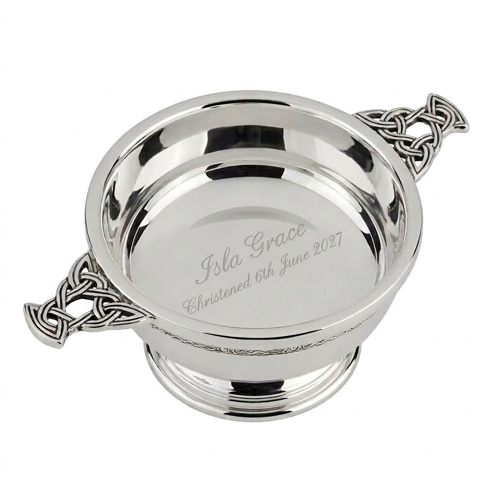 Example engraving (christening): "Isla Grace / Christened 6th June 2027" inside the 3" Nickel Plated Quaich
