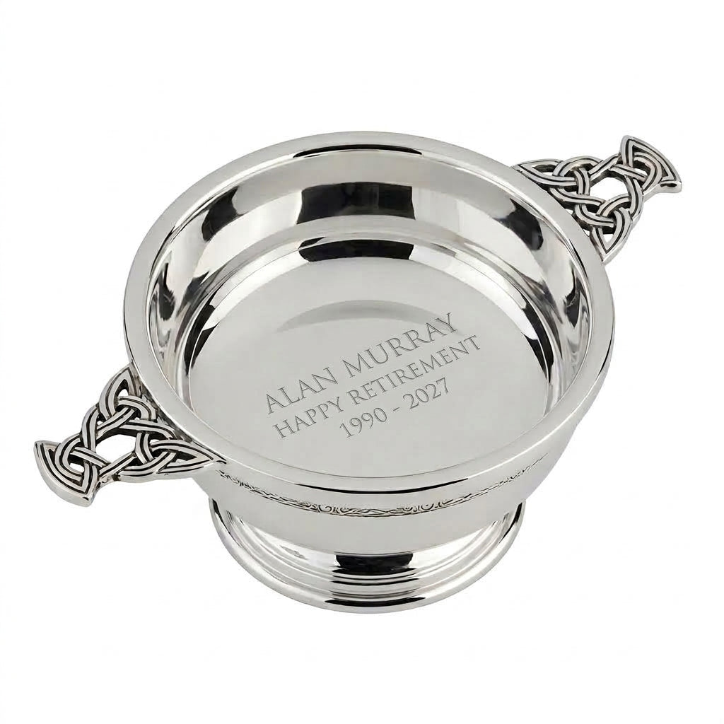 Example engraving (thank you): "ALAN MURRAY / HAPPY RETIREMENT / 1990 - 2027" inside the 3" Nickel Plated Quaich