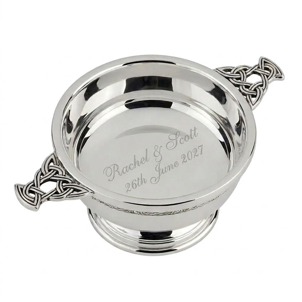 Example engraving (wedding): "Rachel & Scott / 26th June 2027" inside the 3" Nickel Plated Quaich