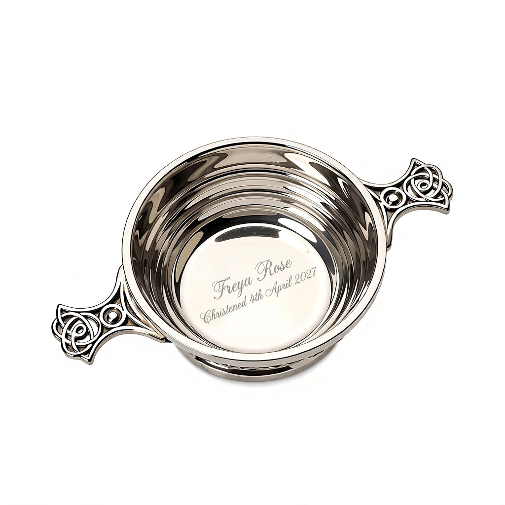 Example engraving (christening): "Freya Rose / Christened 4th April 2027" inside the 3" Quaich Bowl Ribbed
Pewter