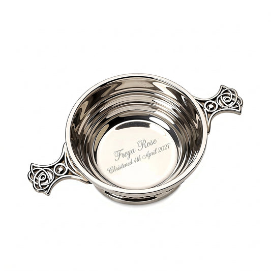 Example engraving (christening): "Freya Rose / Christened 4th April 2027" inside the 3" Quaich Bowl Ribbed
Pewter