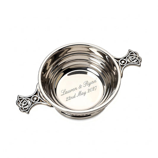Example engraving (wedding): "Lauren & Ryan / 22nd May 2027" inside the 3" Quaich Bowl Ribbed
Pewter