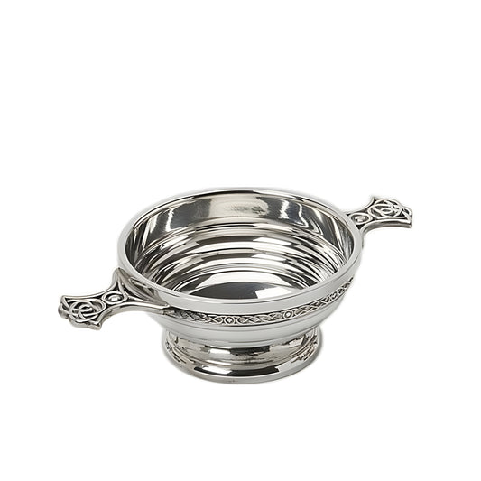 Ribbed silver quaich bowl with Celtic design and two handles