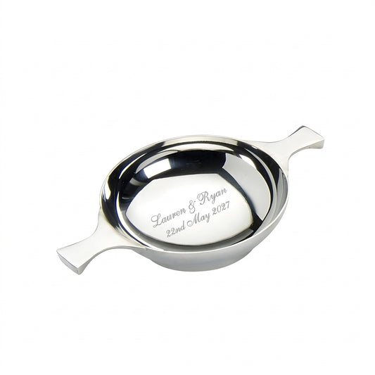 Example engraving (wedding): "Lauren & Ryan / 22nd May 2027" inside the 3" Quaich, Plain With No Wire