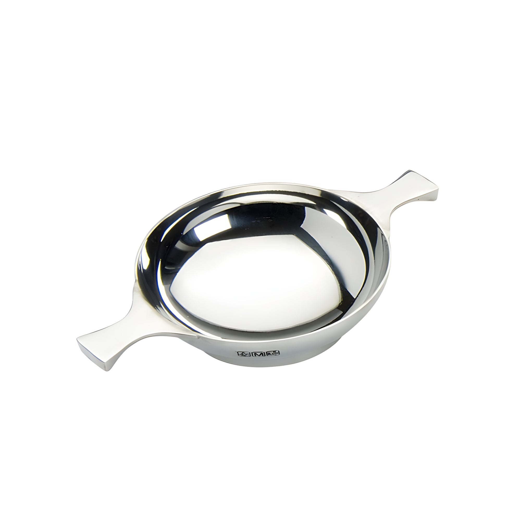 Polished silver 3-inch quaich with plain handles.