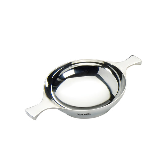 Polished silver 3-inch quaich with plain handles.