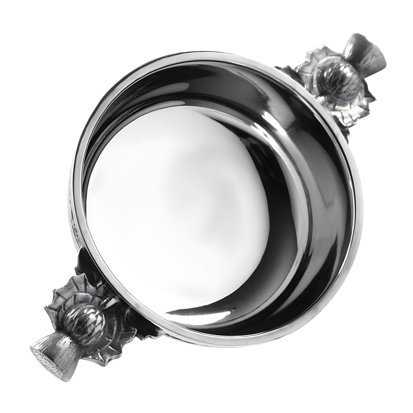 Pewter quaich bowl with Scottish thistle handles, top view.