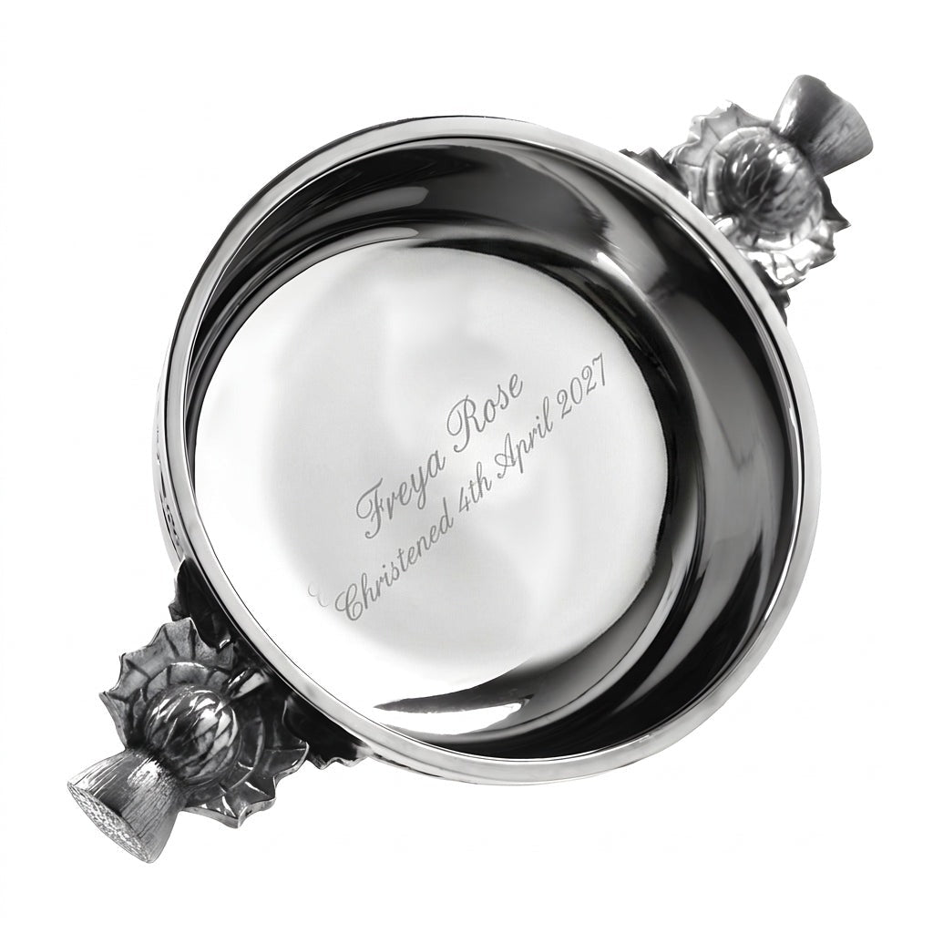 Example engraving (christening): "Freya Rose / Christened 4th April 2027" inside the 3" Scottish Thistle Handle Pewter Quaich Bowl