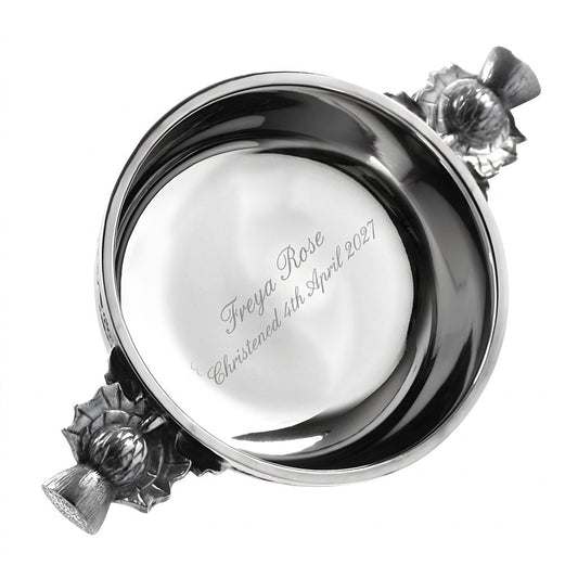Example engraving (christening): "Freya Rose / Christened 4th April 2027" inside the 3" Scottish Thistle Handle Pewter Quaich Bowl