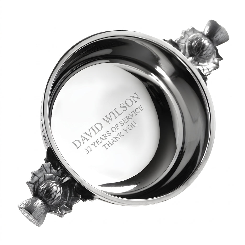 Example engraving (thank you): "David Wilson / 32 Years of Service / Thank You" inside the 3" Scottish Thistle Handle Pewter Quaich Bowl