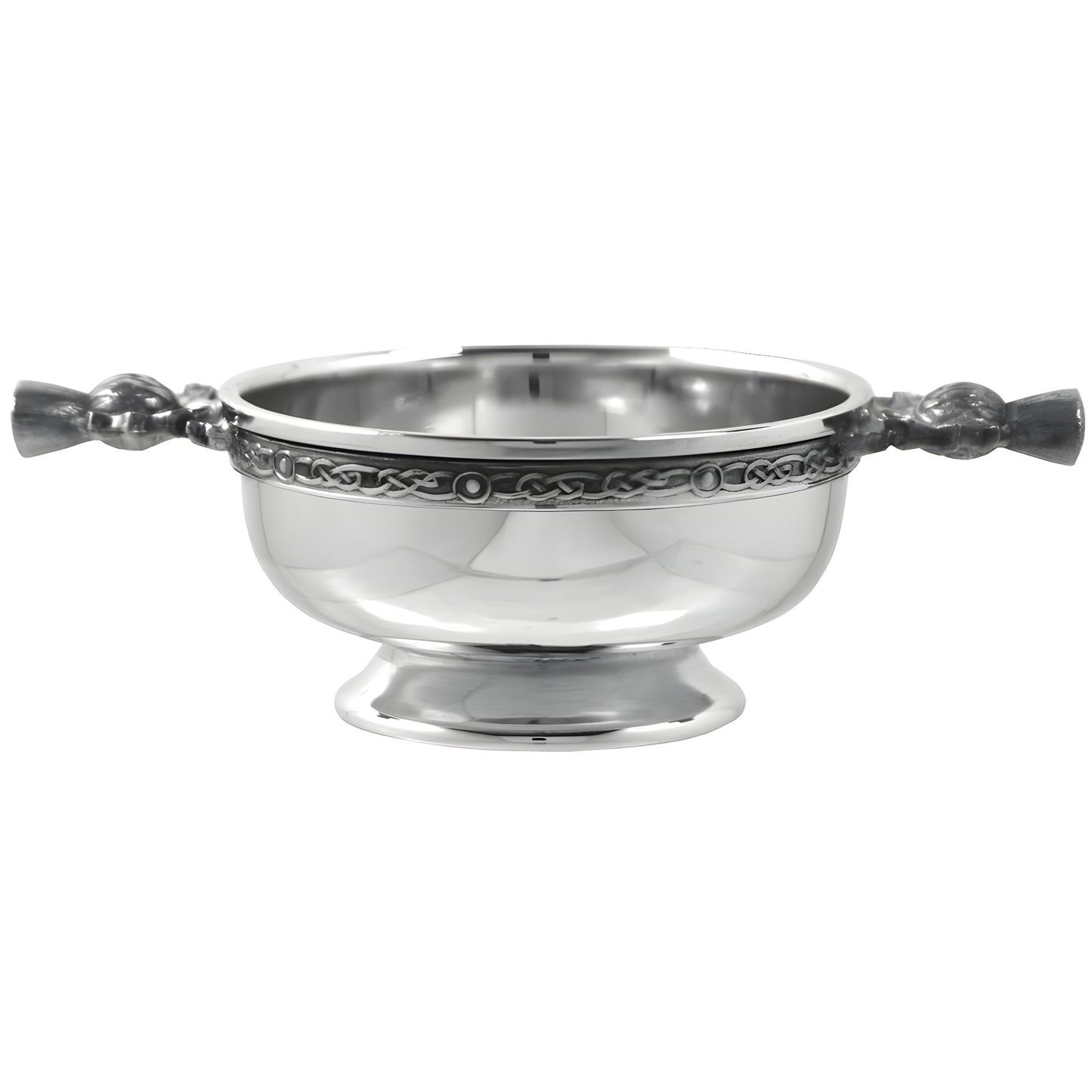 Pewter quaich bowl with Scottish thistle handles and Celtic design.