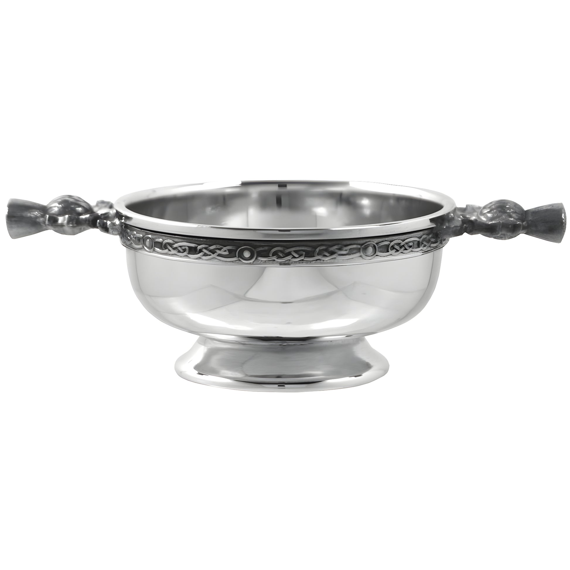 Pewter quaich bowl with Scottish thistle handles and Celtic design.