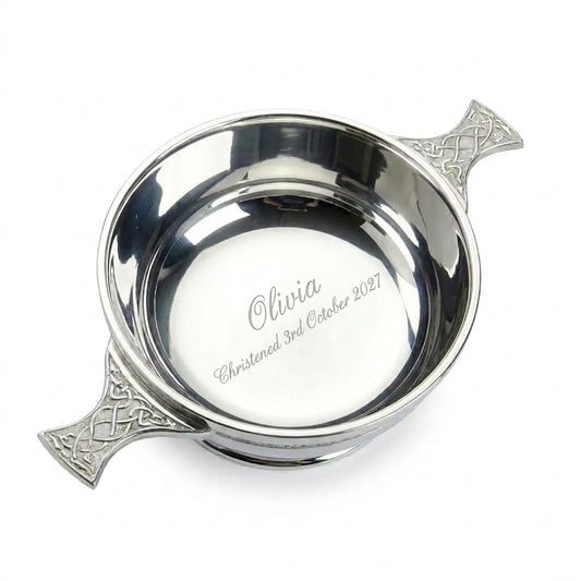 Example engraving (christening): "Olivia / Christened 3rd October 2027" inside the 3" Traditional Pewter Celtic Design Quaich Bowl