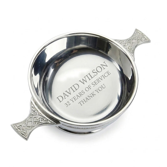 Example engraving (thank you): "David Wilson / 32 Years of Service / Thank You" inside the 3" Traditional Pewter Celtic Design Quaich Bowl