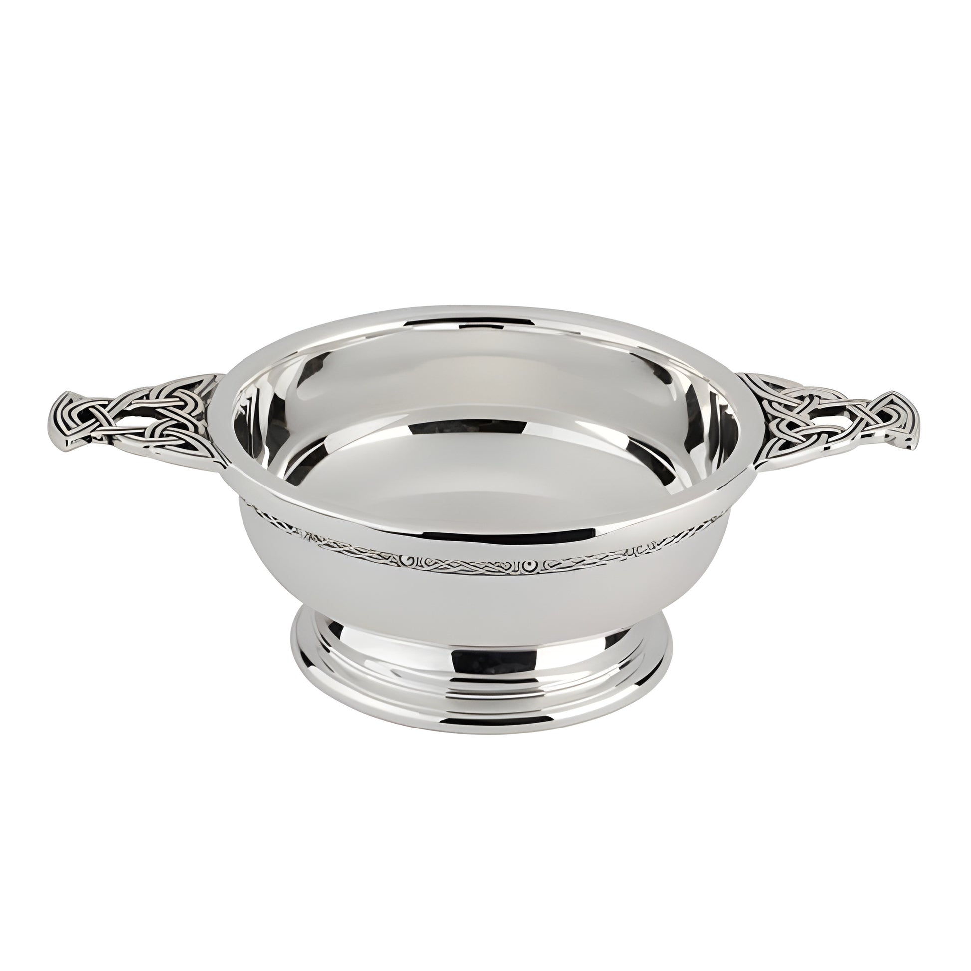 Nickel plated quaich with Celtic design handles on a white background.