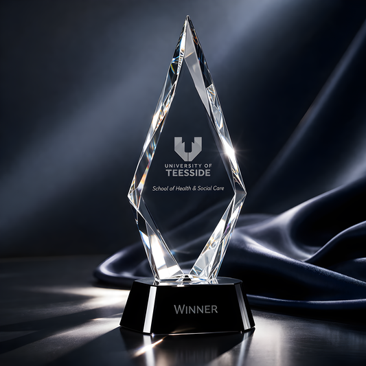 Optical crystal peak award with university logo and onyx black base for winner