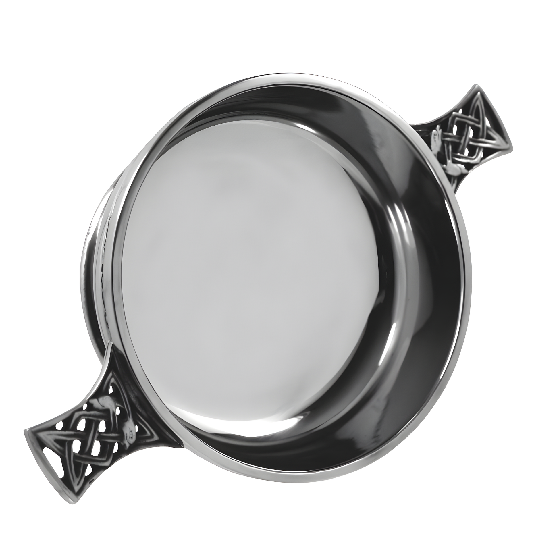 Top view of a pewter quaich bowl with intricate Celtic knot handles.